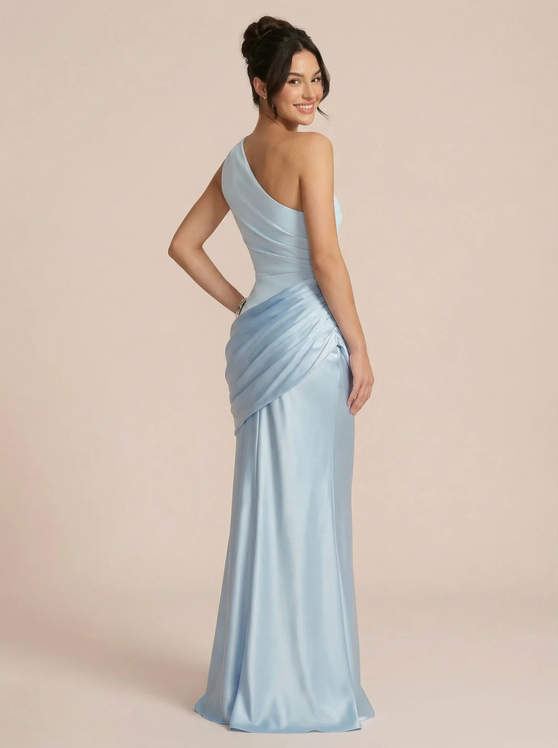 Blue Elegant Stain Oblique One Shoulder Maxi Dress